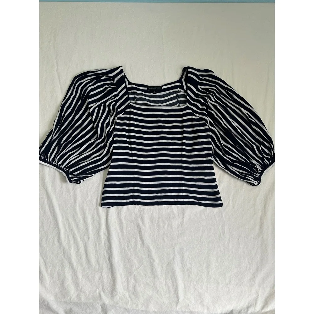 Banana Republic Women Navy White Striped Puff Sleeve Square Neck Button Back Top